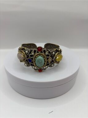 Sabyasachi Fashion Multicolor Doublet Stone Filigree Cuff Bracelet - Gold Tone